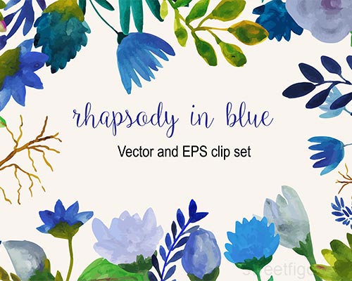 蓝色手绘水彩花朵PNG免抠透明素材下载