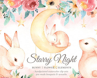 水彩免抠手绘淡彩兔子花环星星月亮插画素材