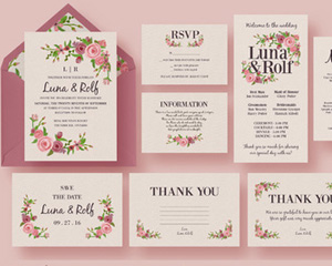 森系粉色唯美小清新花卉婚礼邀请函贺卡 PSD分层设计素材 含字体