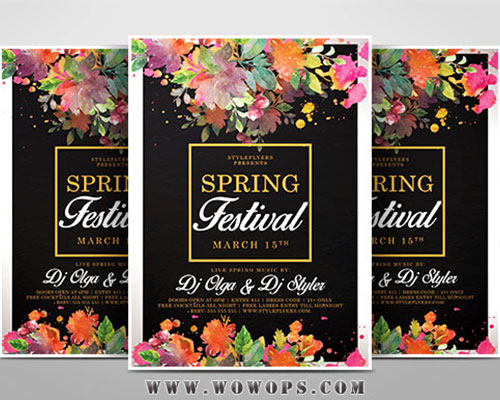 水彩花卉黑色背景创意春季设计海报模板下载