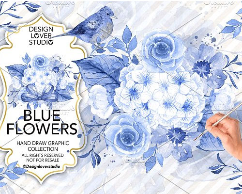 蓝色手绘水彩花朵花卉叶子丝带素材下载