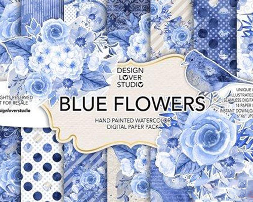 蓝色水彩花朵花簇唯美框架PNG免扣素材下载