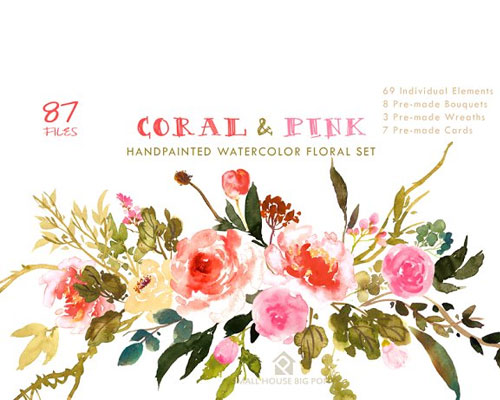 粉色水彩花卉花环图案印花素材下载