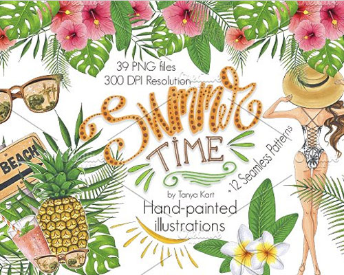 夏季热带菠萝叶棕榈树花卉插图素材