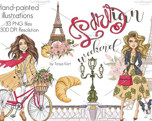 时装巴黎女孩花卉花环装饰素材下载