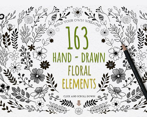 手绘黑白线描花卉植物矢量设计元素