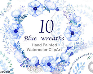 蓝色手绘碎花叶子素材PNG图片