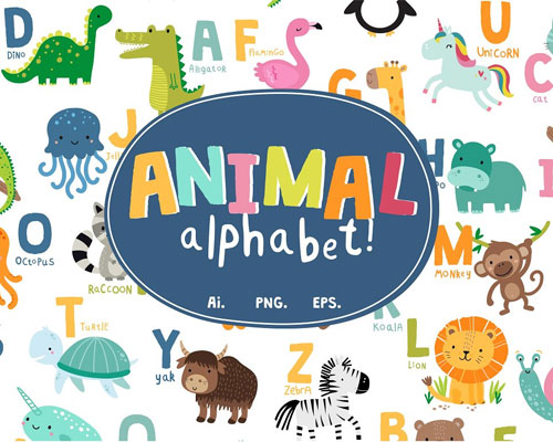 北欧卡通动物26个字母矢量素材下载