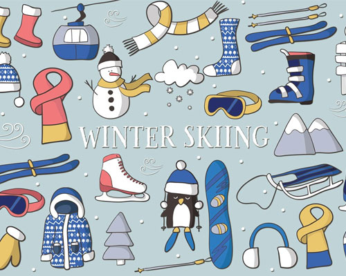 卡通冬季户外滑雪装备图案插画下载