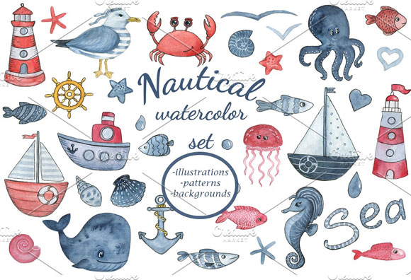 手绘水彩航海海洋鱼类插画背景素材下载1