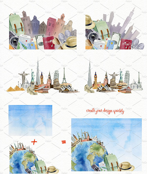 水彩手绘夏季旅行工具插画素材下载6
