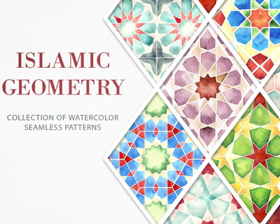 伊斯兰几何水彩印花无缝图案素材