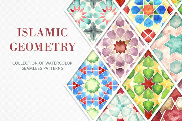 伊斯兰几何水彩印花无缝图案素材1