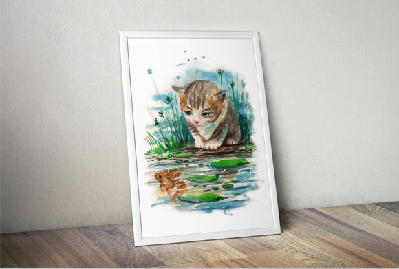 水彩手绘猫和金鱼装饰画素材下载2