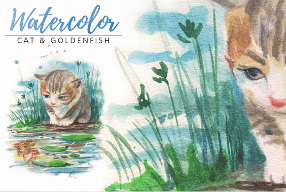 水彩手绘猫和金鱼装饰画素材下载1