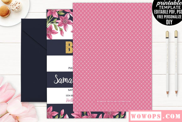 粉色唯美水彩花卉邀请卡PSD模板2