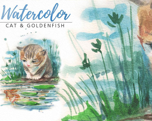 水彩手绘猫和金鱼装饰画素材下载