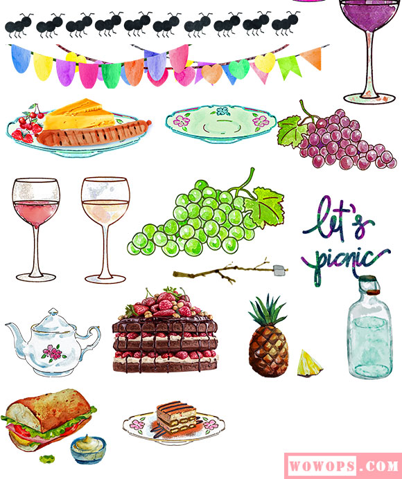 水彩野餐食物葡萄酒插画素材下载3