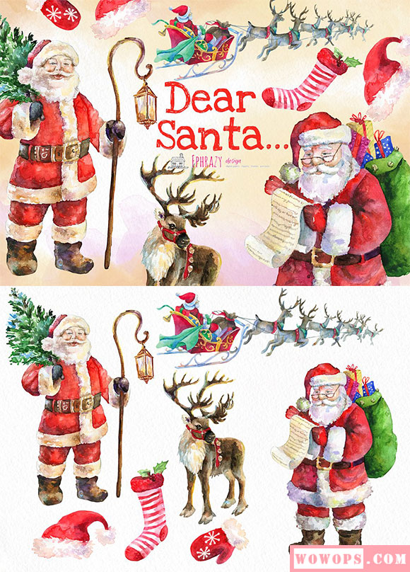 手绘水彩圣诞老人麋鹿插画素材1