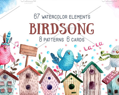 水彩音乐童话小鸟唱歌图案背景设计