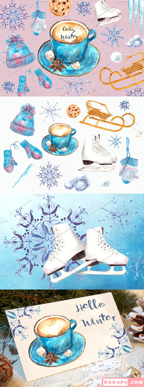 水彩圣诞新年雪花溜冰鞋插画素材1