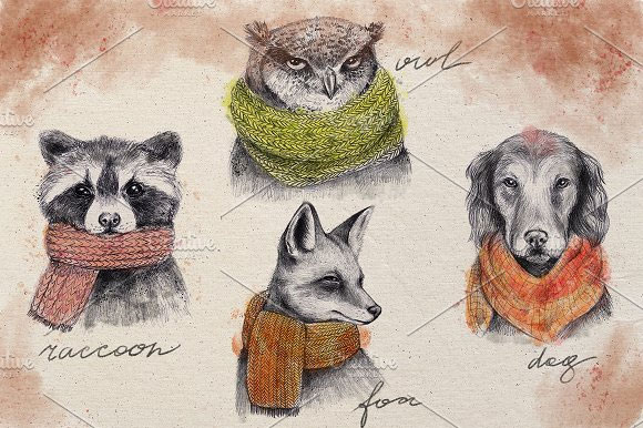 水彩手绘可爱围巾装饰动物插画素材2