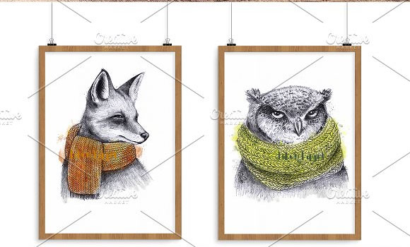 水彩手绘可爱围巾装饰动物插画素材4