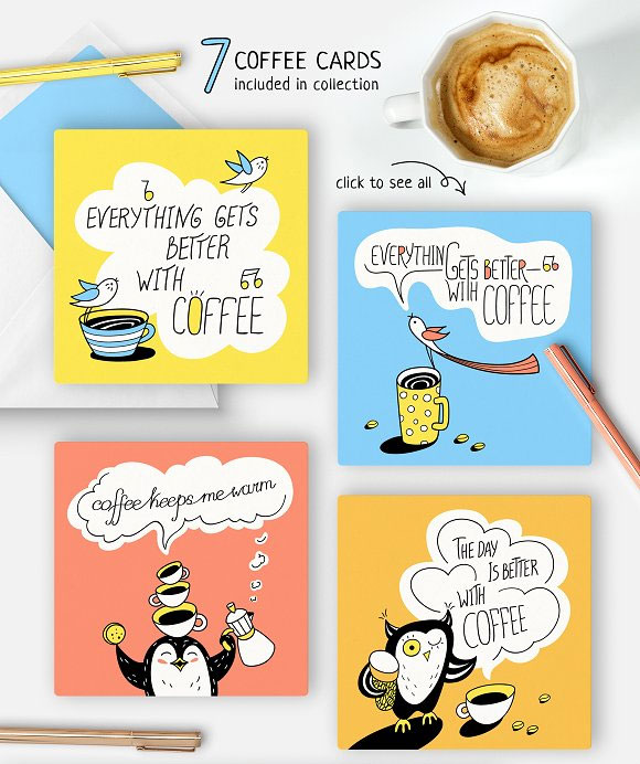 手绘可爱企鹅卡通鸟咖啡杯海报插画设计2