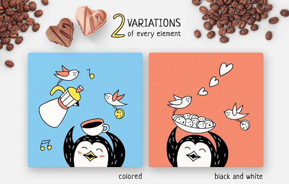 手绘可爱企鹅卡通鸟咖啡杯海报插画设计9