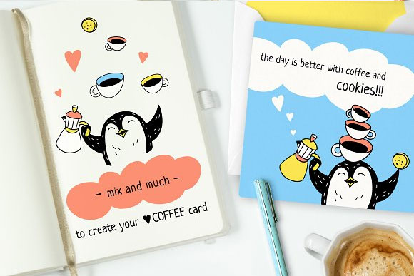 手绘可爱企鹅卡通鸟咖啡杯海报插画设计8