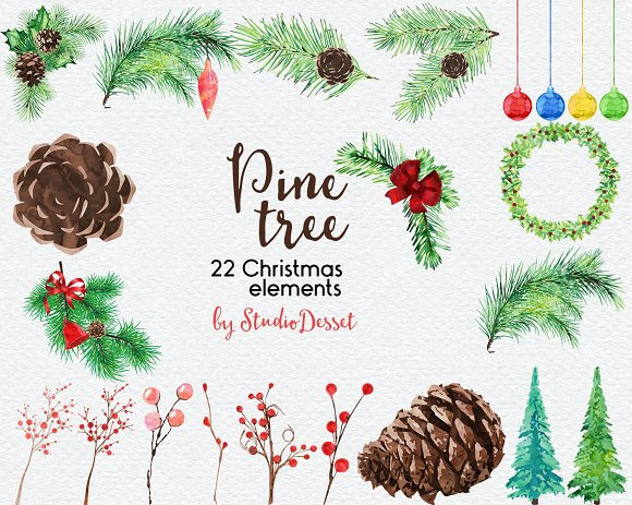 圣诞树装饰品松树松果水彩插图2