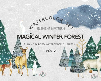 水彩冬季森林动物插画圣诞节卡片背景元素