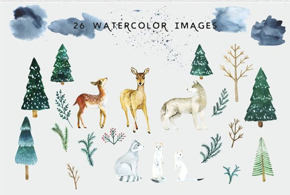 水彩冬季森林动物插画圣诞节卡片背景元素2