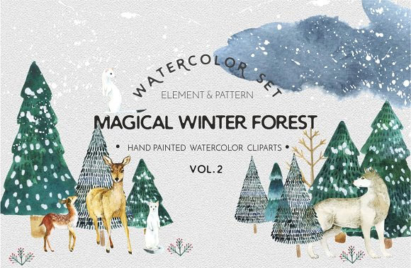 水彩冬季森林动物插画圣诞节卡片背景元素1