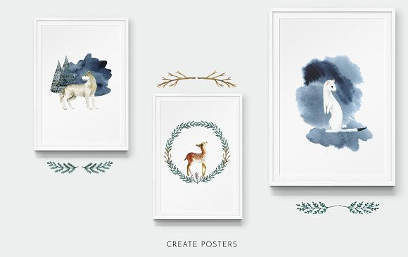 水彩冬季森林动物插画圣诞节卡片背景元素4