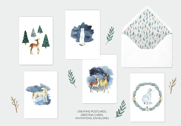 水彩冬季森林动物插画圣诞节卡片背景元素5