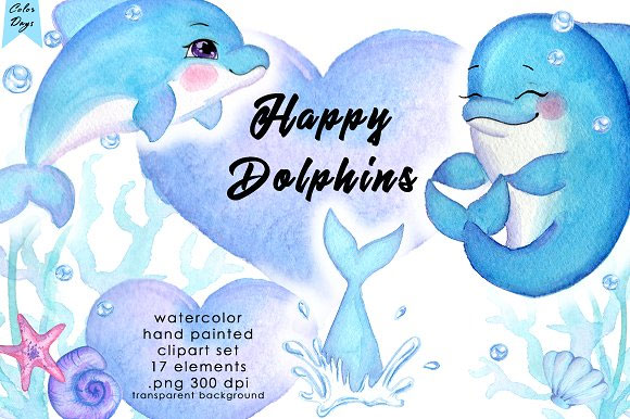 水彩可爱卡通海豚海星PNG元素1