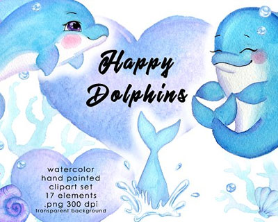 水彩可爱卡通海豚海星PNG元素
