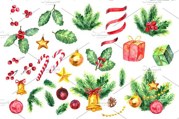 水彩圣诞节冷杉树花环铃铛装饰元素背景素材2