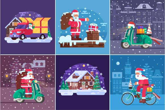 圣诞老人骑车送礼物卡片背景矢量素材2