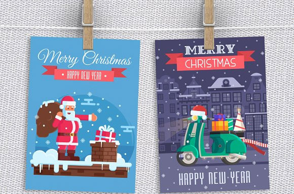 圣诞老人骑车送礼物卡片背景矢量素材4