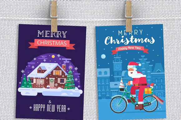 圣诞老人骑车送礼物卡片背景矢量素材5