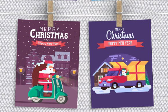圣诞老人骑车送礼物卡片背景矢量素材6