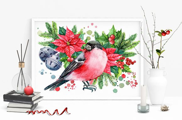水彩手绘冬季花卉鸟插画素材下载6
