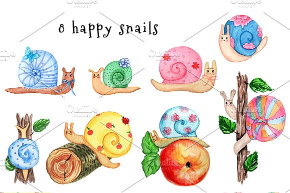 水彩卡通可爱蜗牛印花图案素材2