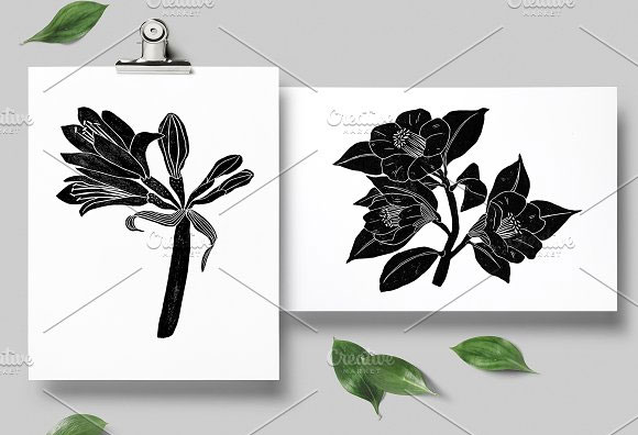复古黑色花卉植物插画元素下载2