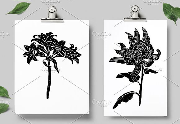 复古黑色花卉植物插画元素下载3