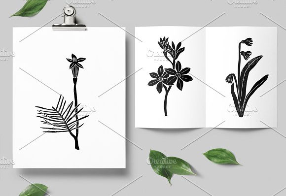 复古黑色花卉植物插画元素下载5