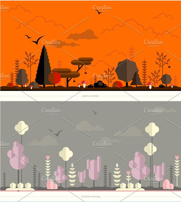 卡通森林树木花草山云朵风景装饰插画素材8
