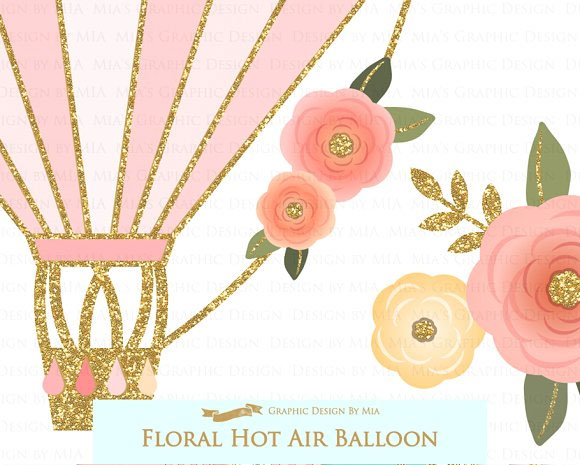 金色亮片唯美热气球花卉设计素材6